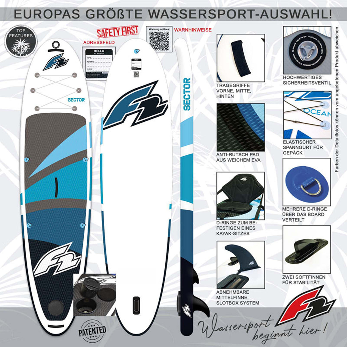 F2 Stand Up Paddle Board SECTOR SMART 10,5 Blau mit E-Pumpe + E-Finne