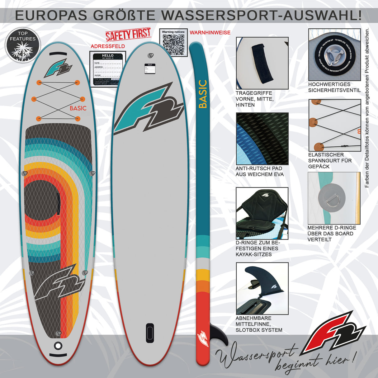 F2 SUP Stand Up Paddle Board Basic Round Sail Set Größe wählbar Grau