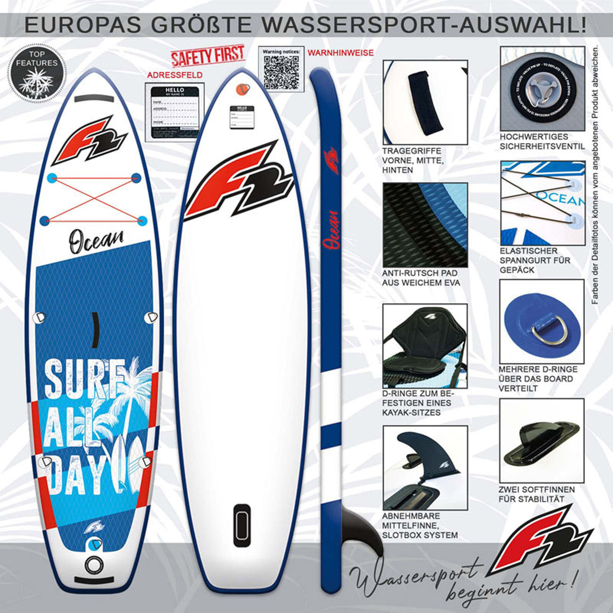F2 Junior SUP Stand Up Paddle Board Ocean Boy 8'2''/9'2" wählbar Blau