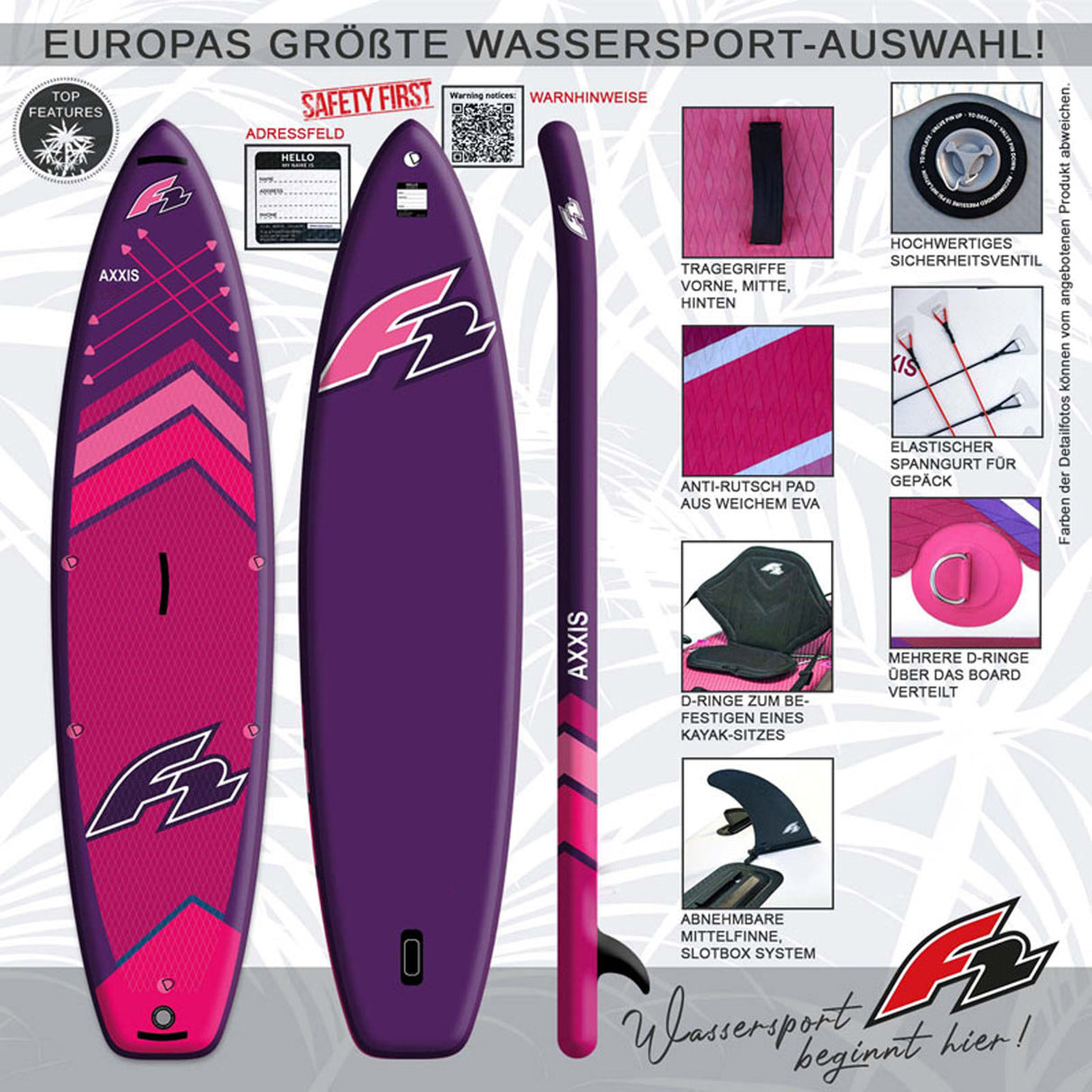 F2 AXXIS SUP Stand Up Paddling Board Set – Modelle, Größen & Farben wählbar