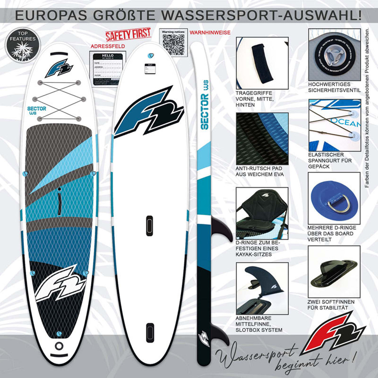 F2 Stand Up Paddle Board SECTOR WS Windsurf SUP Größe wählbar Blau