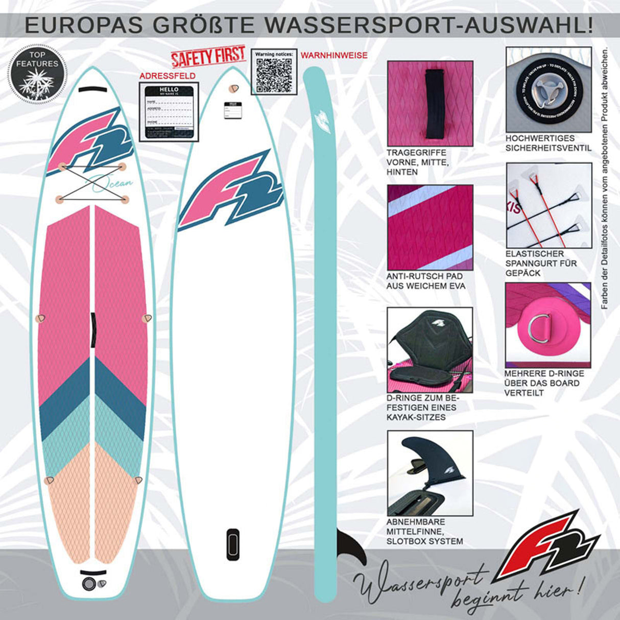 F2 Marken Stand Up Paddle Board OCEAN SUP mit Zubehörpaket - Ausführung wählbar