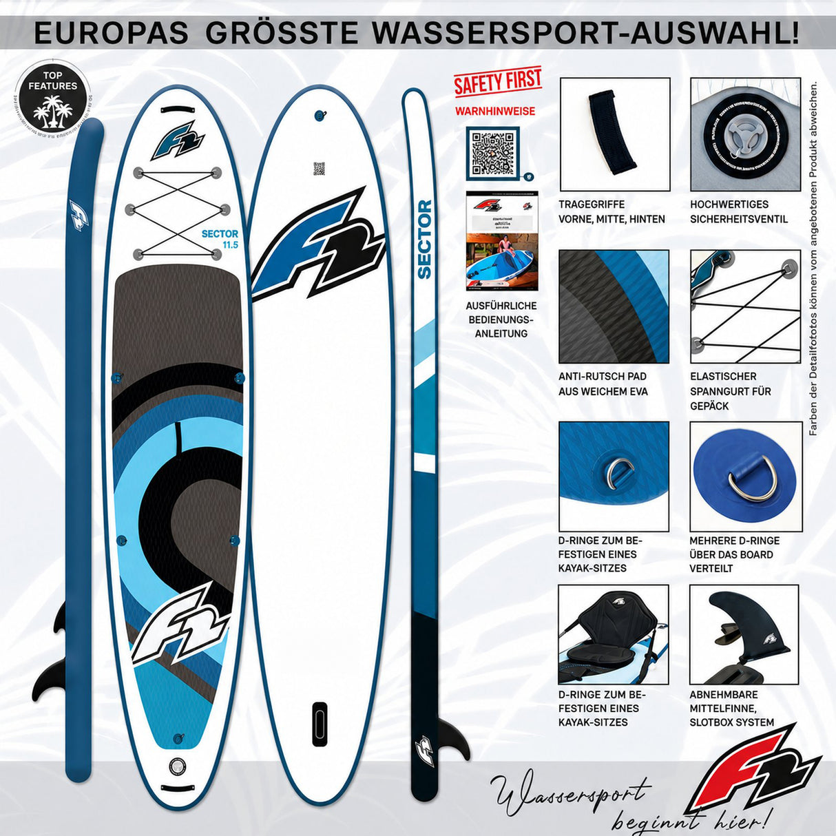 F2 SUP Stand Up Paddle Board Sector SMU Blau - Größe wählbar