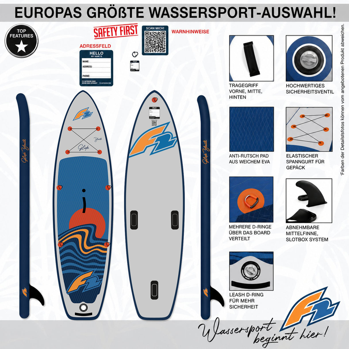 F2 SUP Stand Up Paddle Board Glide Surf Youth Grau - Größe wählbar