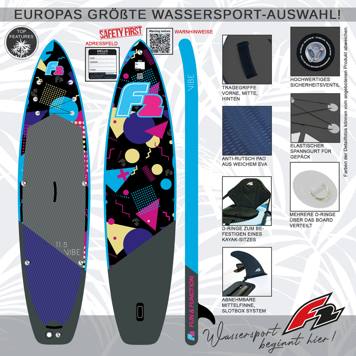 F2 SUP Stand Up Paddle Board Retro Vibe Multicolor Damen-Größe wählbar