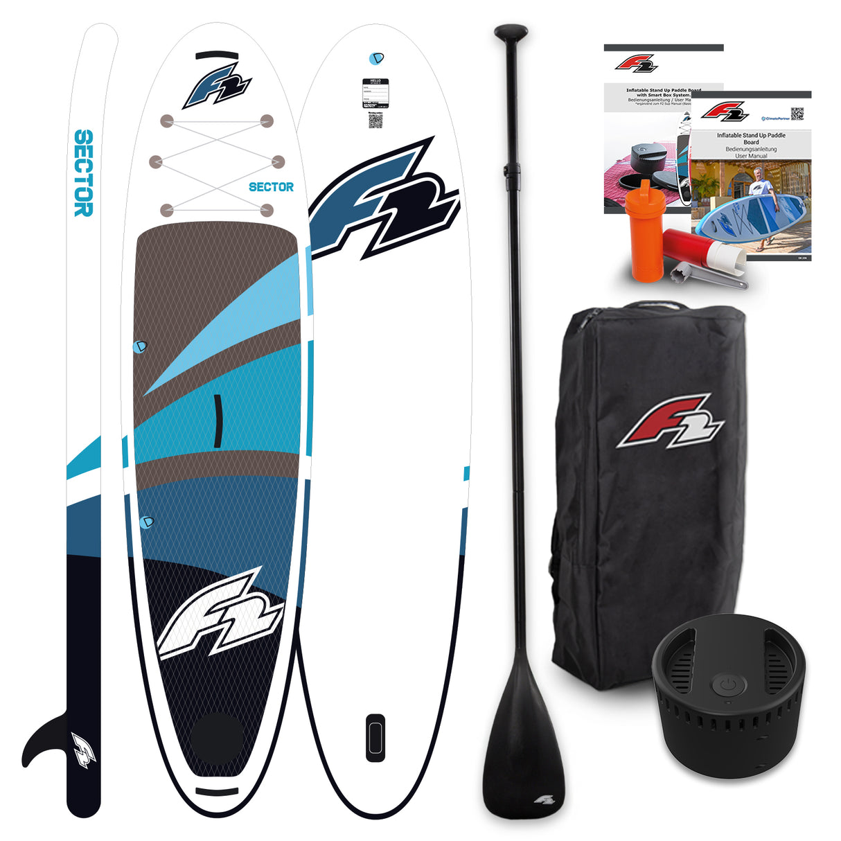 F2 Stand Up Paddle Board SECTOR SMART SUP mit E-Pumpe Größe wählbar Blau