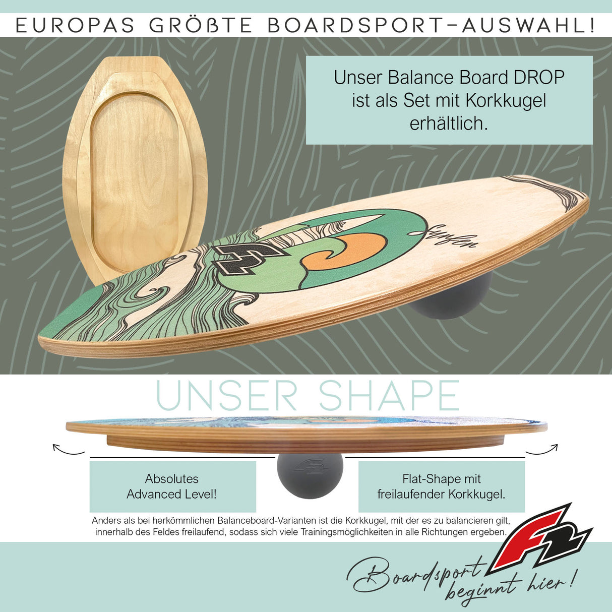 F2 Balance Board Drop inkl. Ball 60x35cm Natur