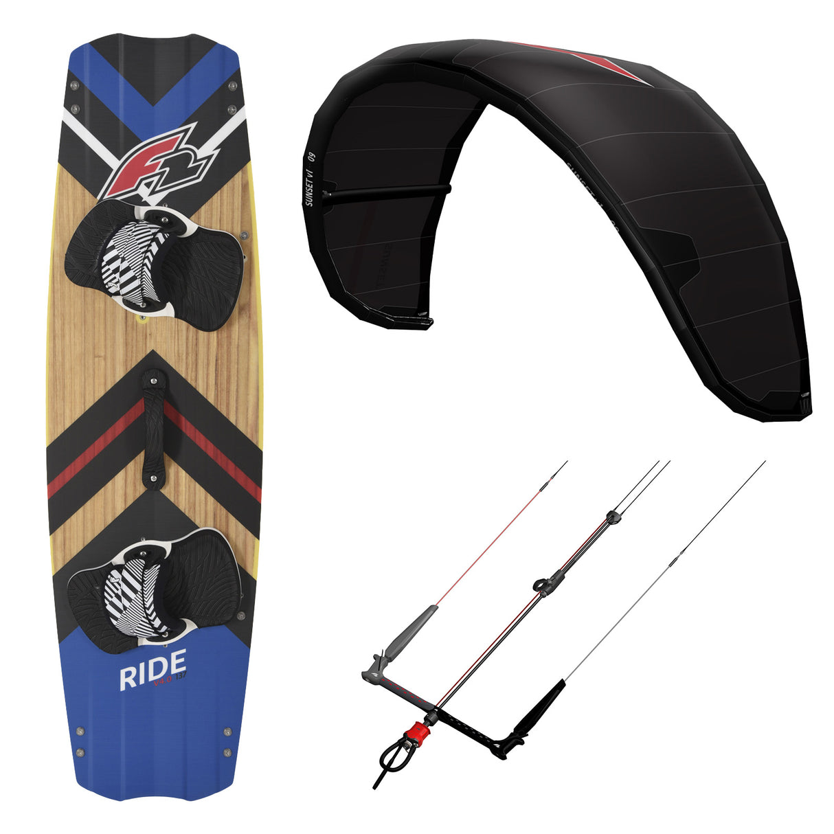F2 Set Kite Sunset V1 mit Kiteboard Ride Wood und Control Bar Größen wählbar