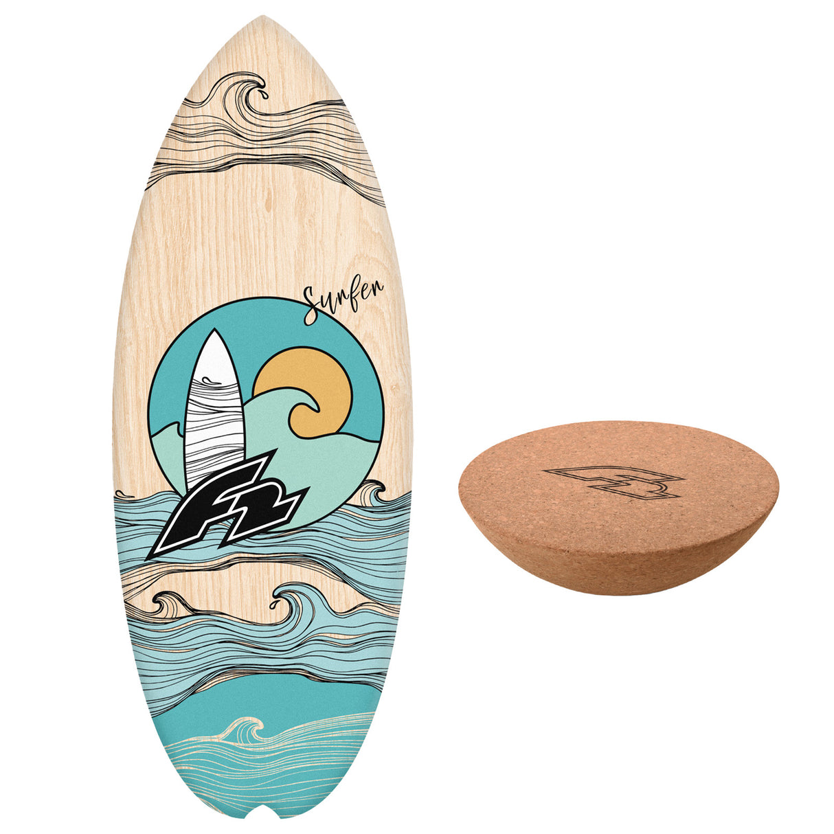 F2 Set Balance Board Halfshell 80x30cm mit Kork Halbkugel