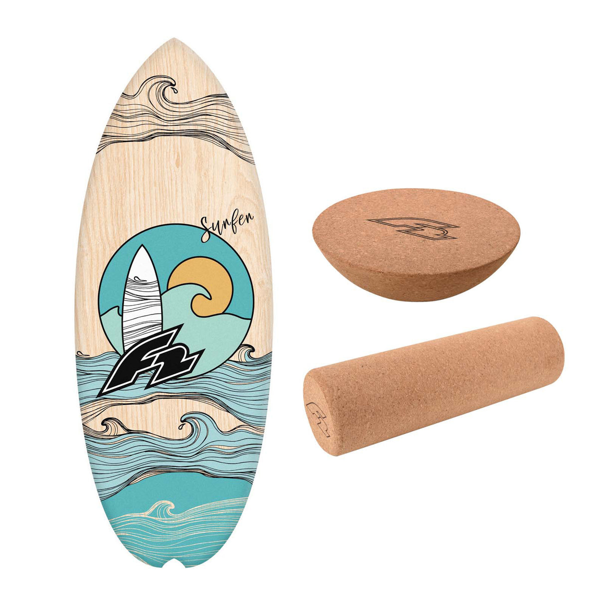 F2 Set Balance Board Halfshell 88x32cm + Halbkugel und Korkrolle