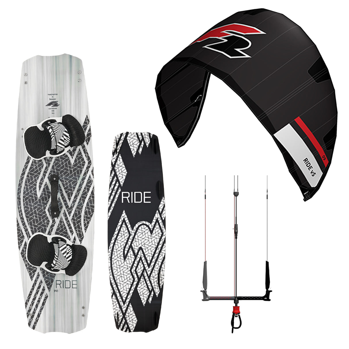 F2 Set Kite Ride V5 + Kiteboard Ride White Icon + Control Bar Größen wählbar