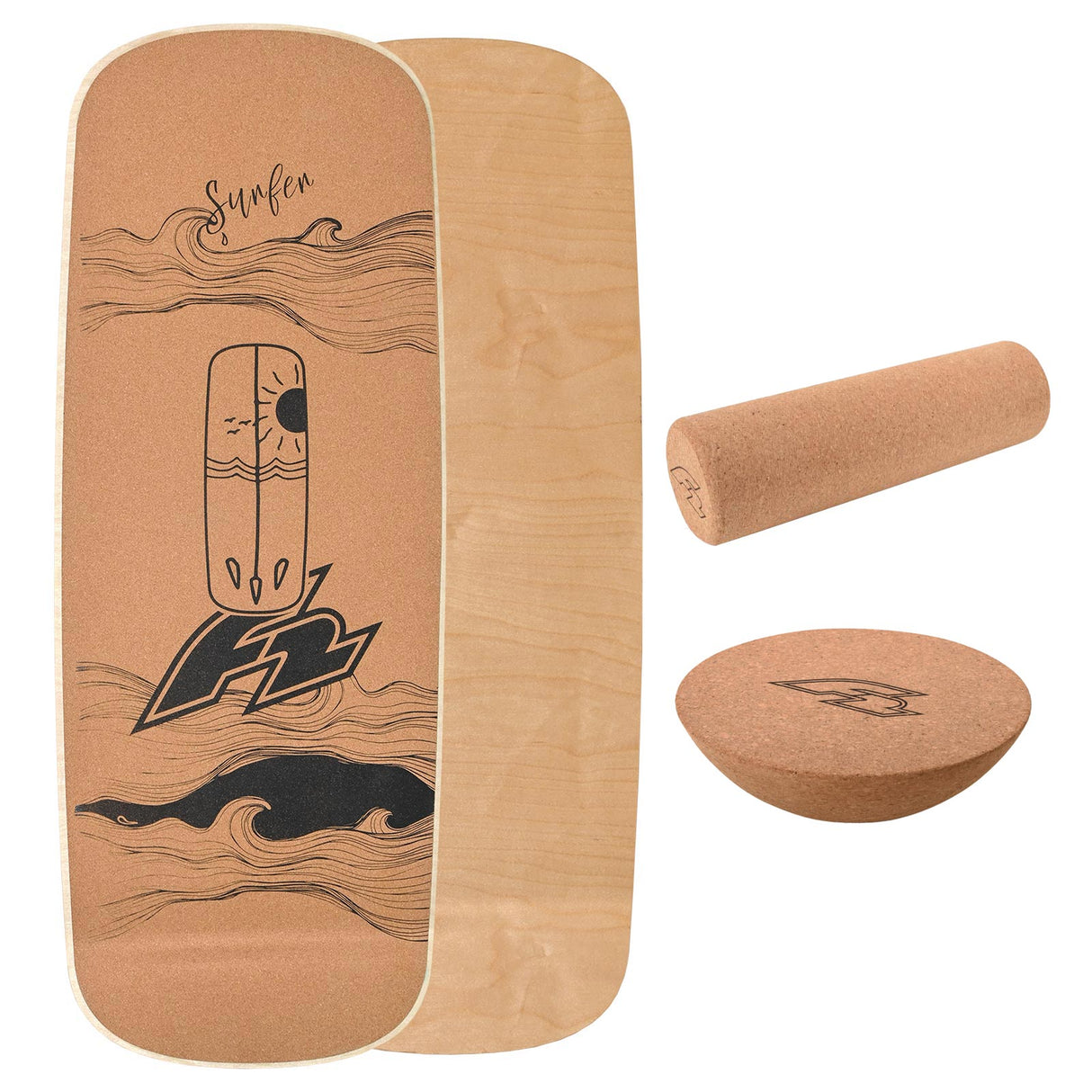 F2 Kork Balance Board Pill 80x30cm mit Korkrolle + Kork Halbkugel