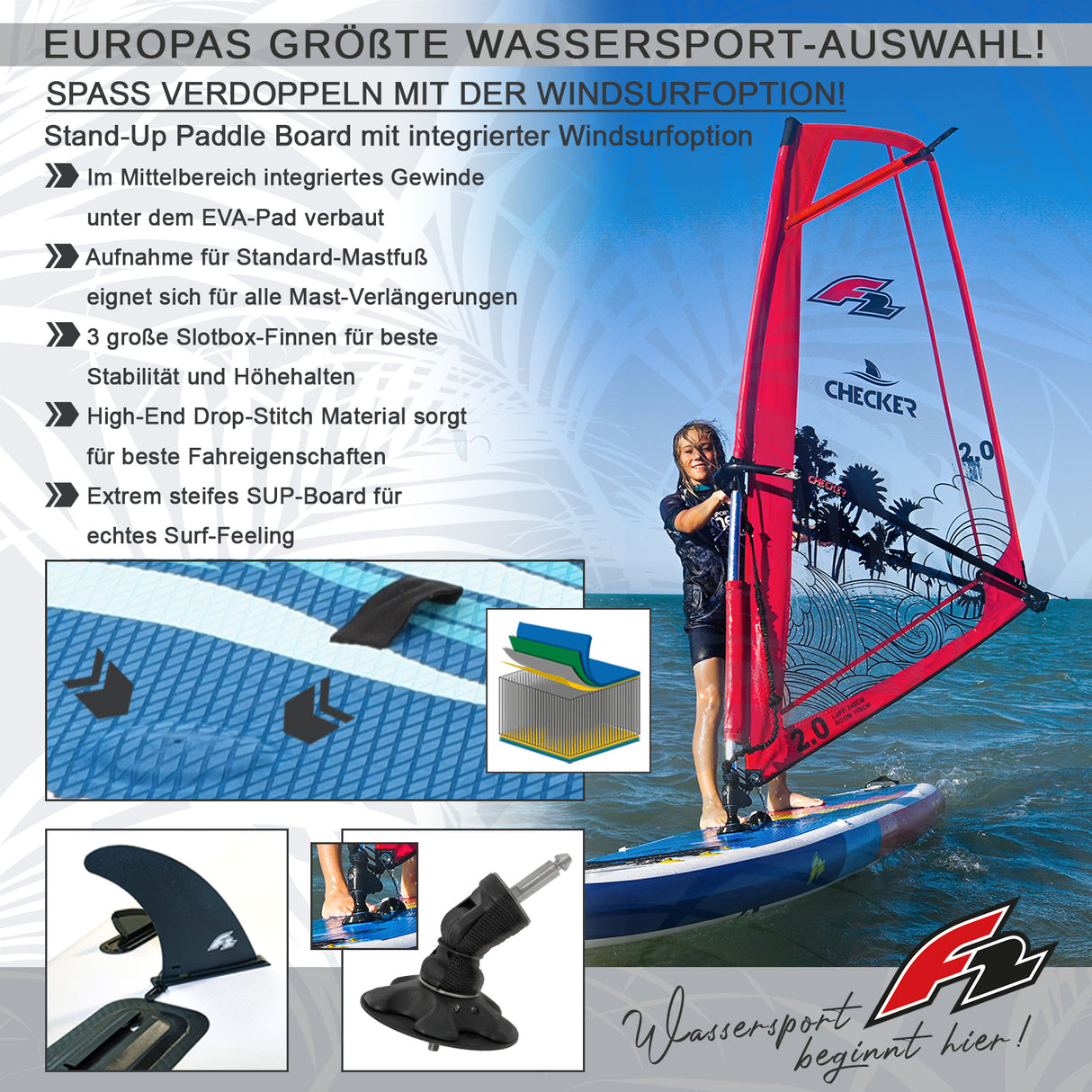 F2 Set Glide SUP 10'2" mit Windsurfsegel Checker 4qm