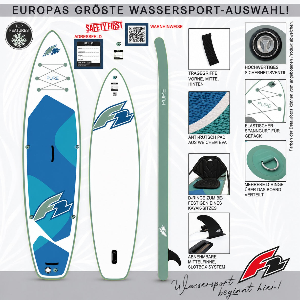 F2 SUP Stand Up Paddle Board Pure - Größe/Farbe/Zubehör wählbar
