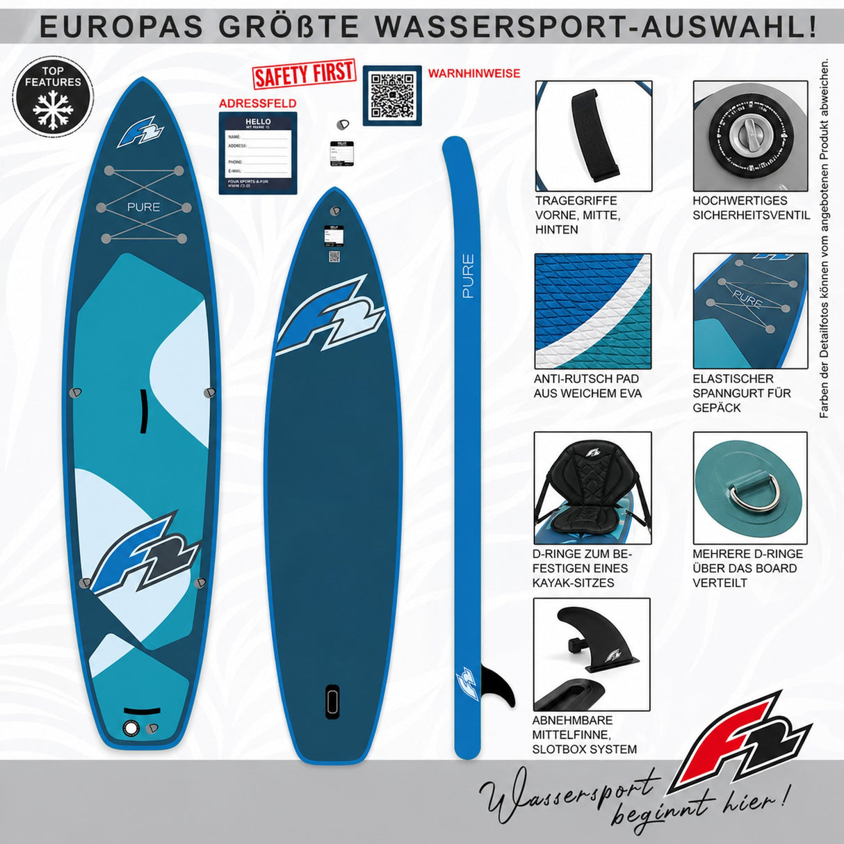 F2 SUP Stand Up Paddle Board Pure - Größe/Farbe/Zubehör wählbar