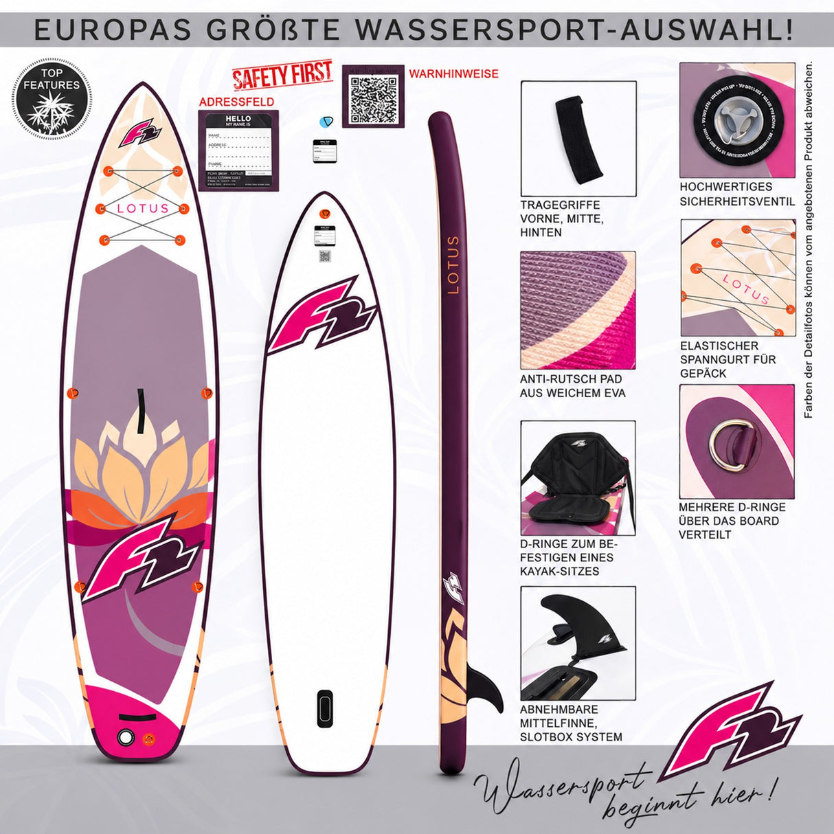 F2 SUP Stand Up Paddle Board Lotus Damen - Größe/Farbe/Zubehör wählbar