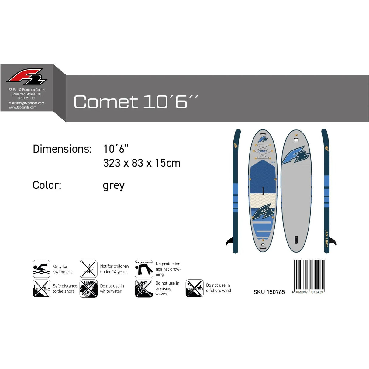F2 SUP Stand Up Paddle Board Comet - Board only Grau - Größe wählbar