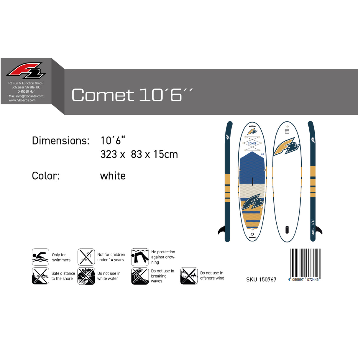 F2 SUP Stand Up Paddle Board Comet - Board only Weiss - Größe wählbar