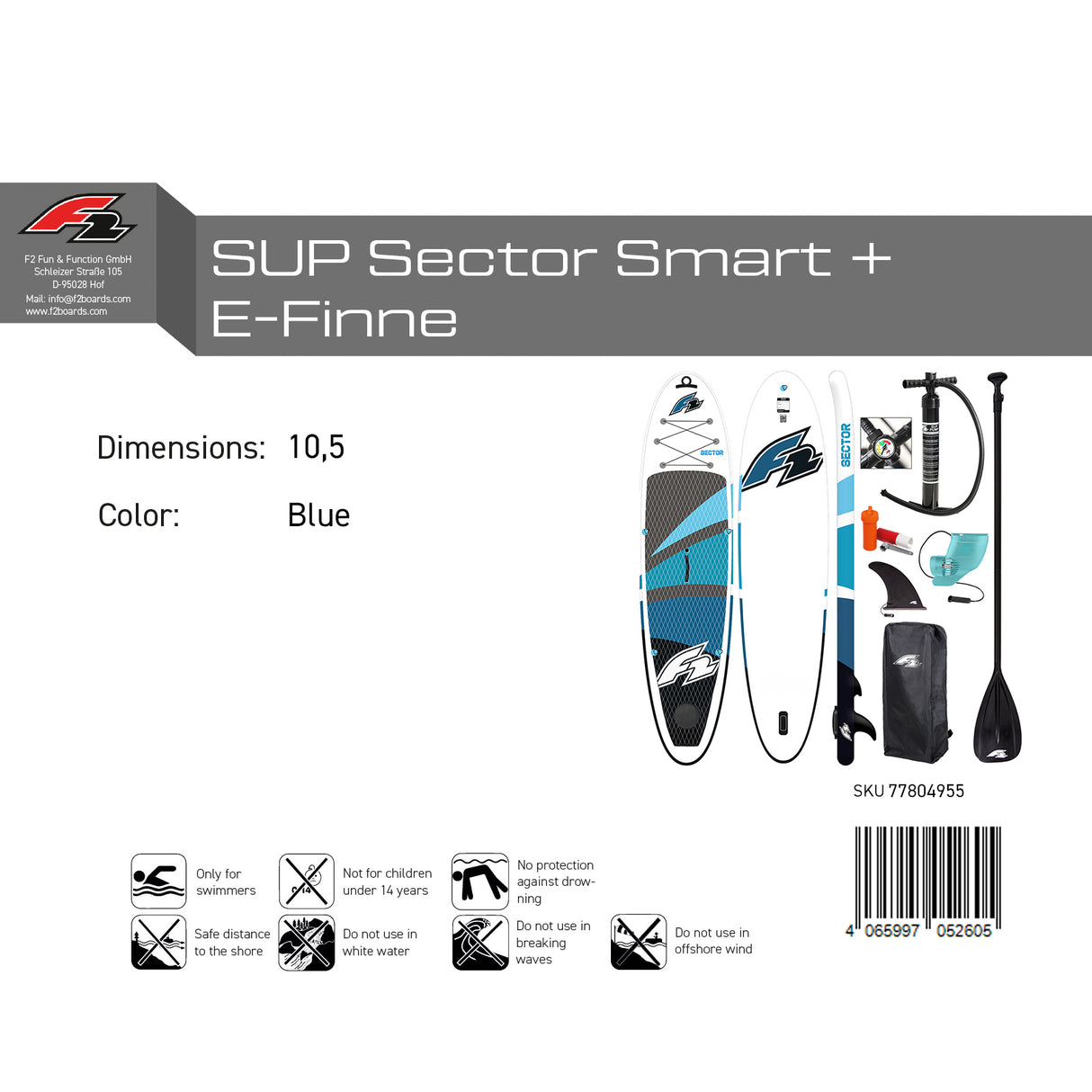 F2 Stand Up Paddle Board SECTOR SMART 10,5 Blau mit E-Pumpe + E-Finne