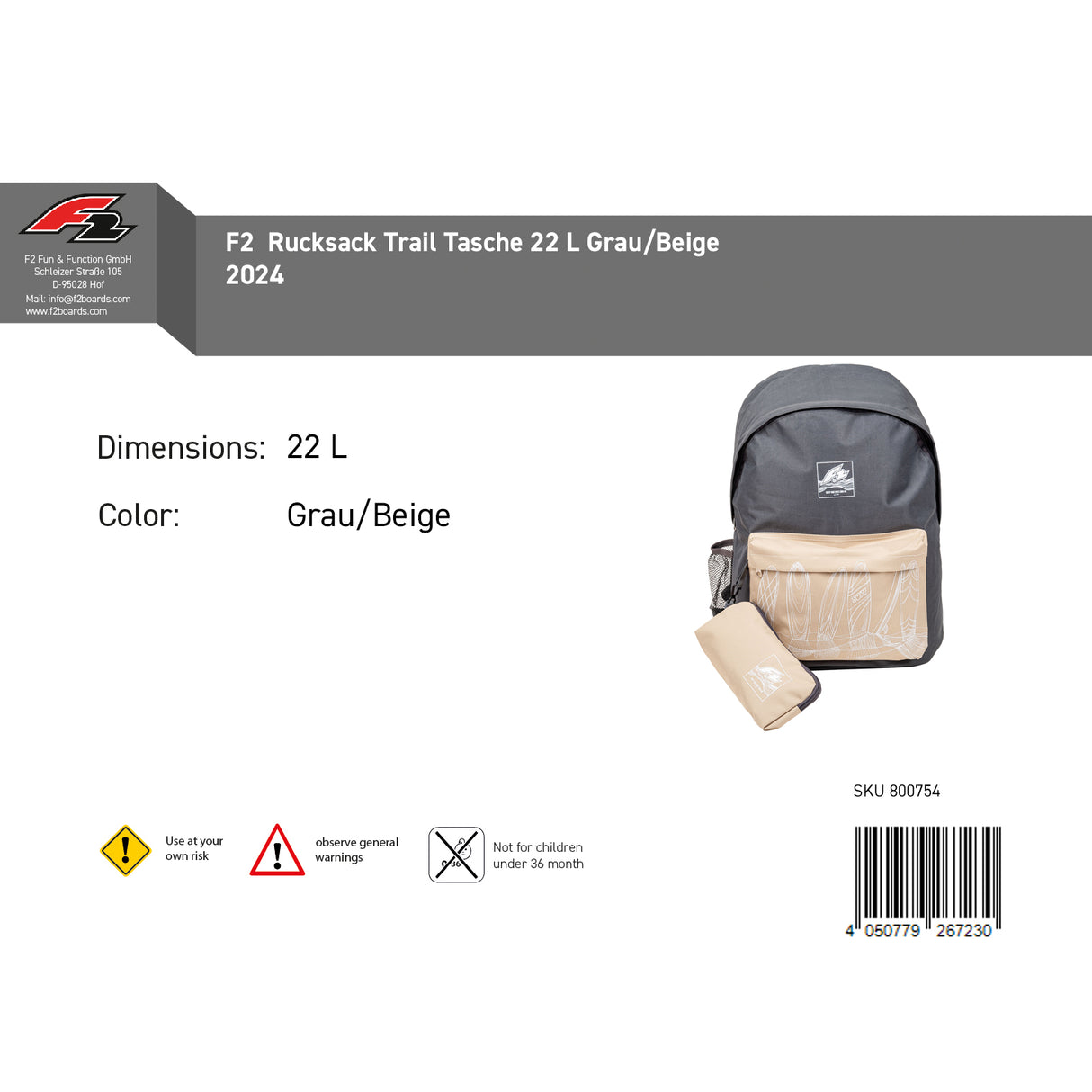 F2  Rucksack Trail Tasche 22 L Grau/Beige