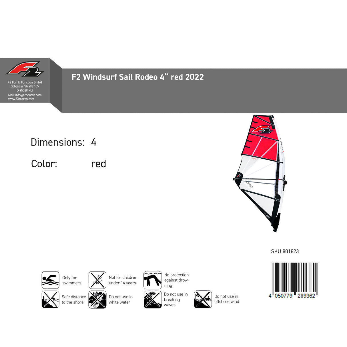 F2  Sale Windsurf Segel Rodeo  4qm Rot Modell 2022 NEU Sail Only