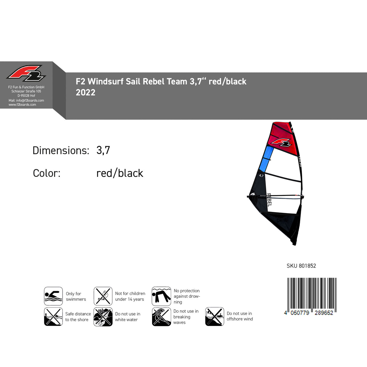 F2  Sale Windsurf Segel Rebel Team  3,7qm Rot/Schwarz Modell 2022 NEU Sail Only