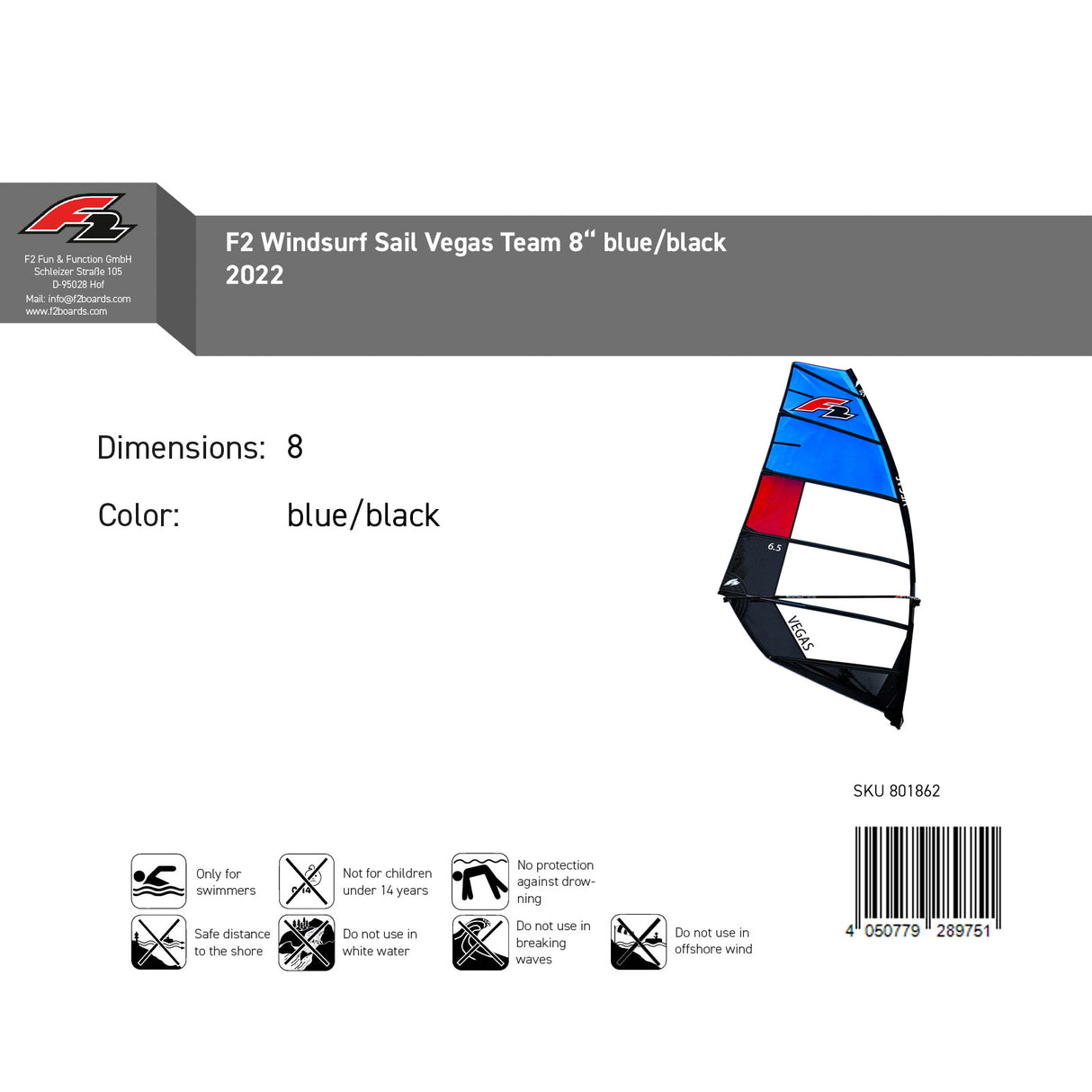 F2  Sale Windsurf Segel Vegas Team  8qm Blau/Schwarz Modell 2022 NEU Sail Only