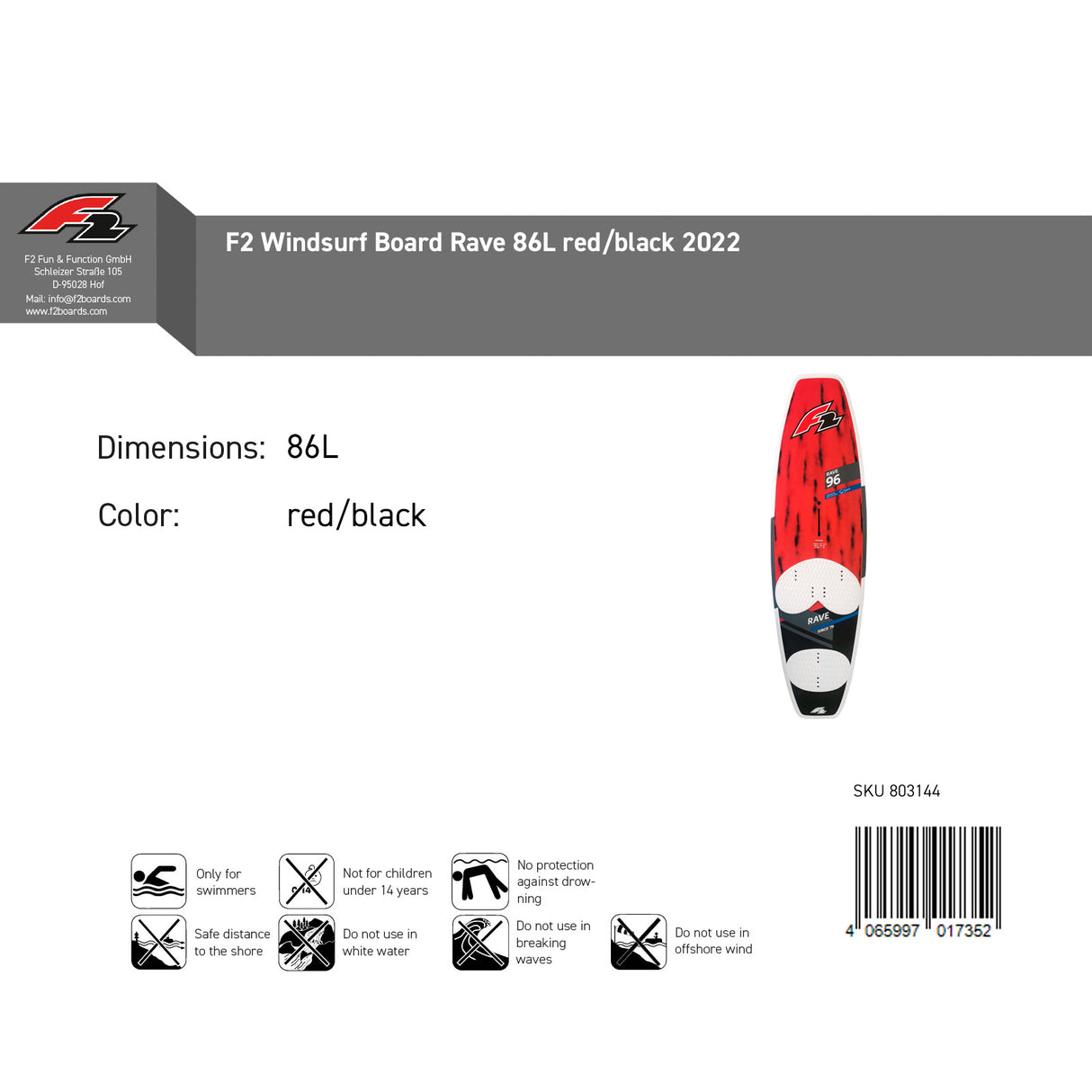 F2  Sale Windsurfboard Rave  86L Rot/Schwarz Modell 2022/23 NEU
