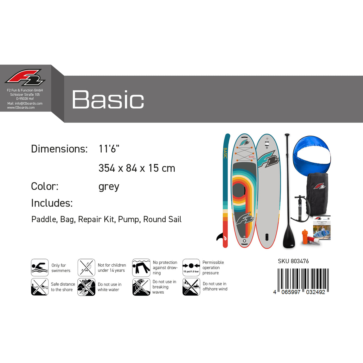 F2 SUP Stand Up Paddle Board Basic Round Sail Set Größe wählbar Grau