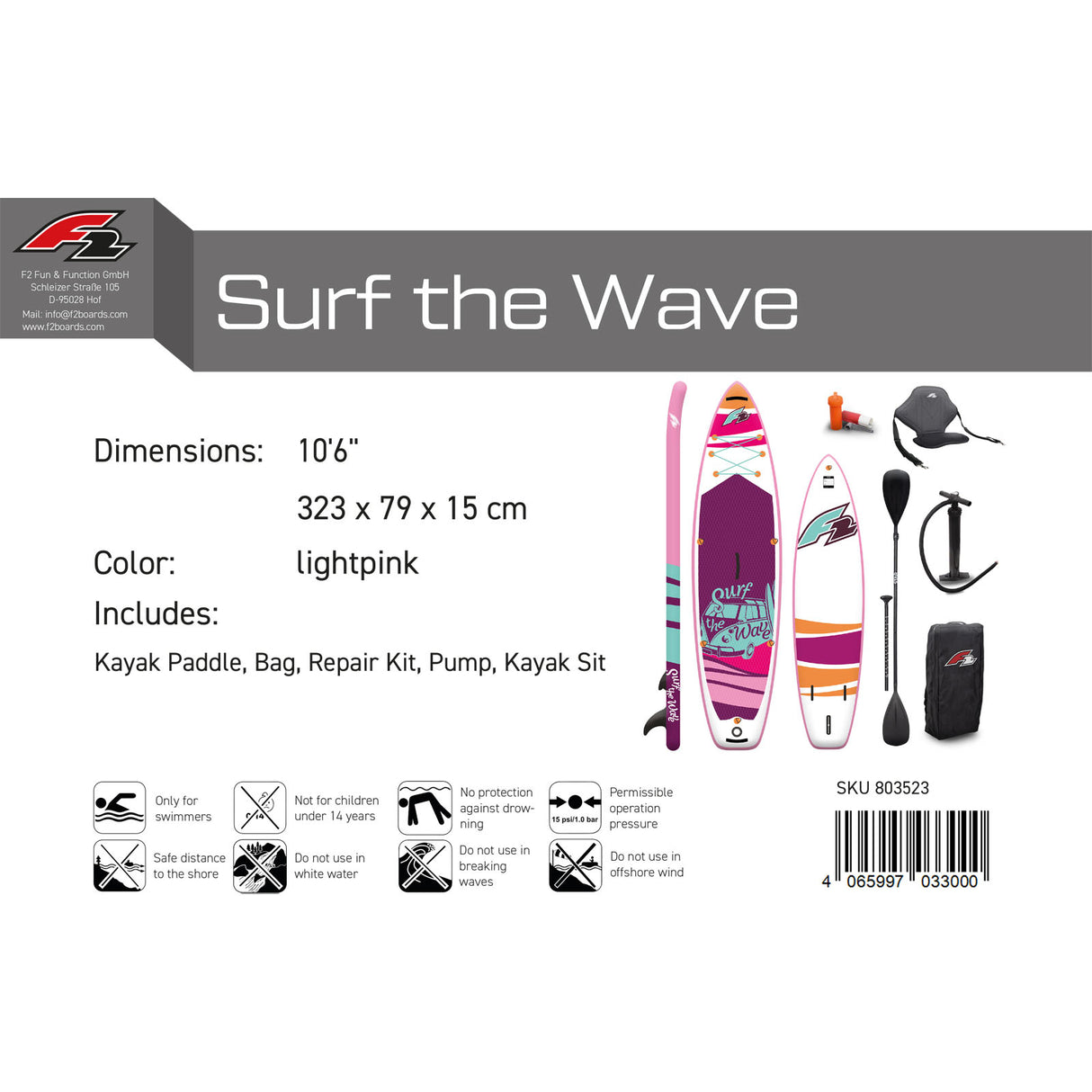 F2 SUP Stand Up Paddle Board Surf the Wave Ltd. Edition Größe wählbar Pink