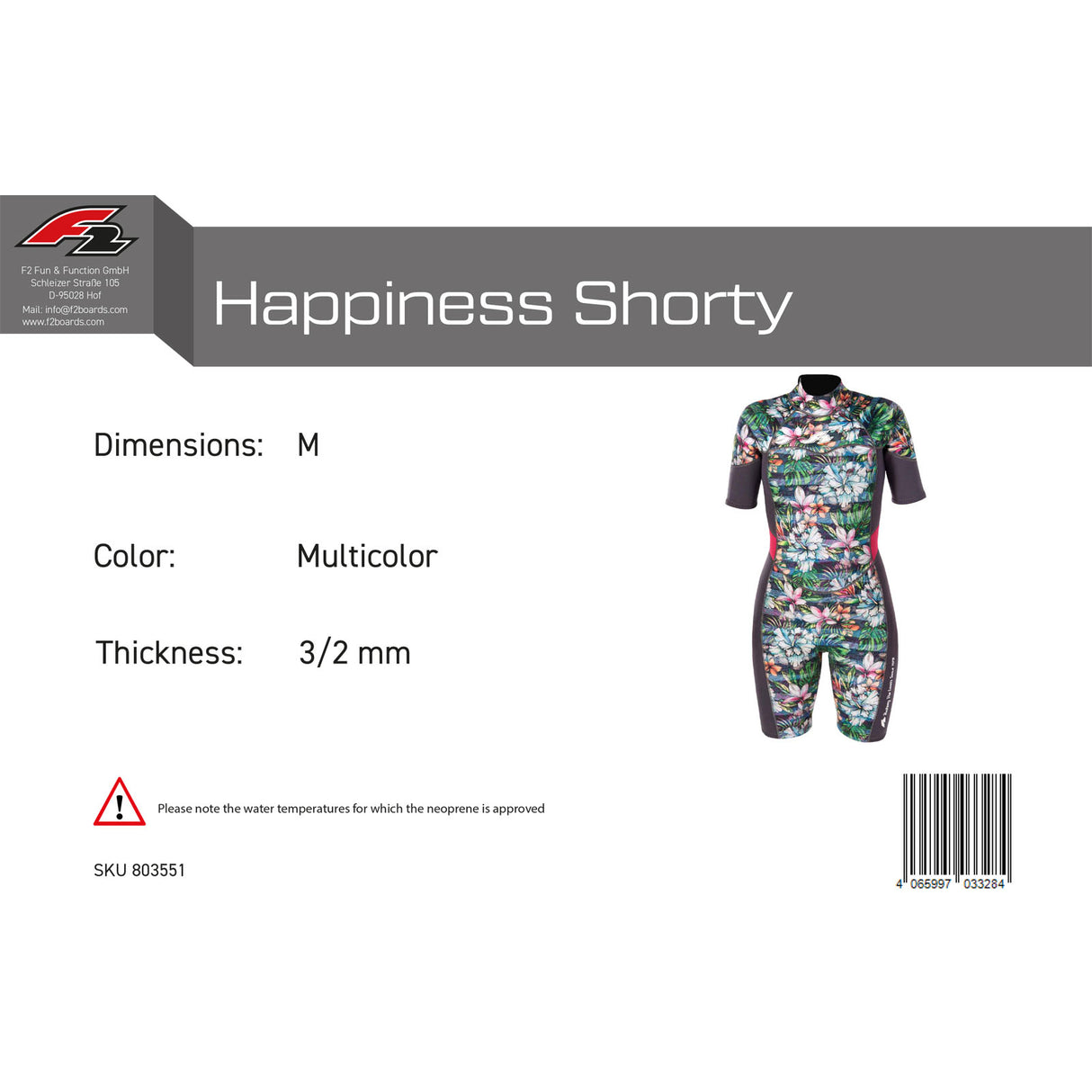 F2 Damen Neopren Anzug Happiness Shorty 3/2 mm Größe wählbar Multicolor