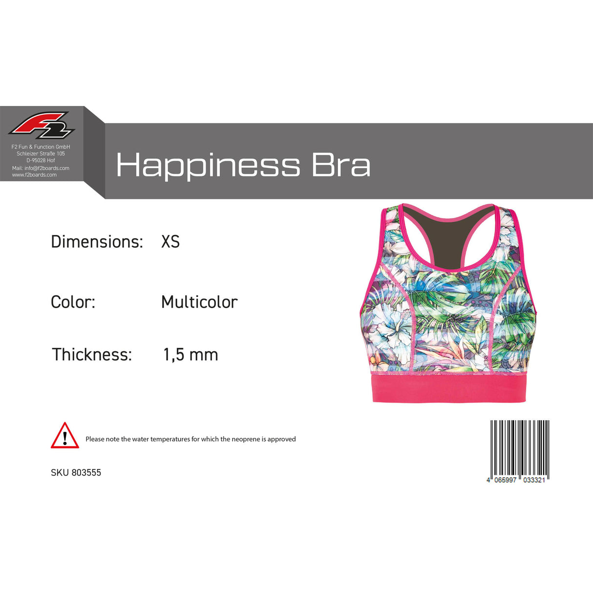 F2 Damen Neopren Oberteil Happiness Bra 1,5 mm Größe wählbar Multicolor