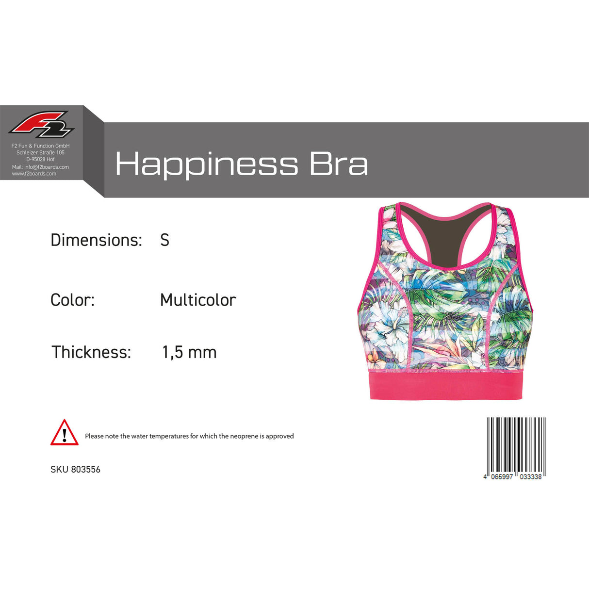 F2 Damen Neopren Oberteil Happiness Bra 1,5 mm Größe wählbar Multicolor