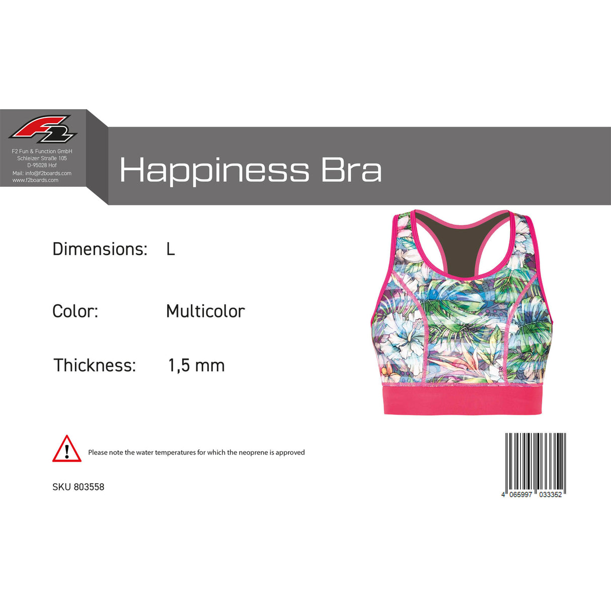 F2 Damen Neopren Oberteil Happiness Bra 1,5 mm Größe wählbar Multicolor