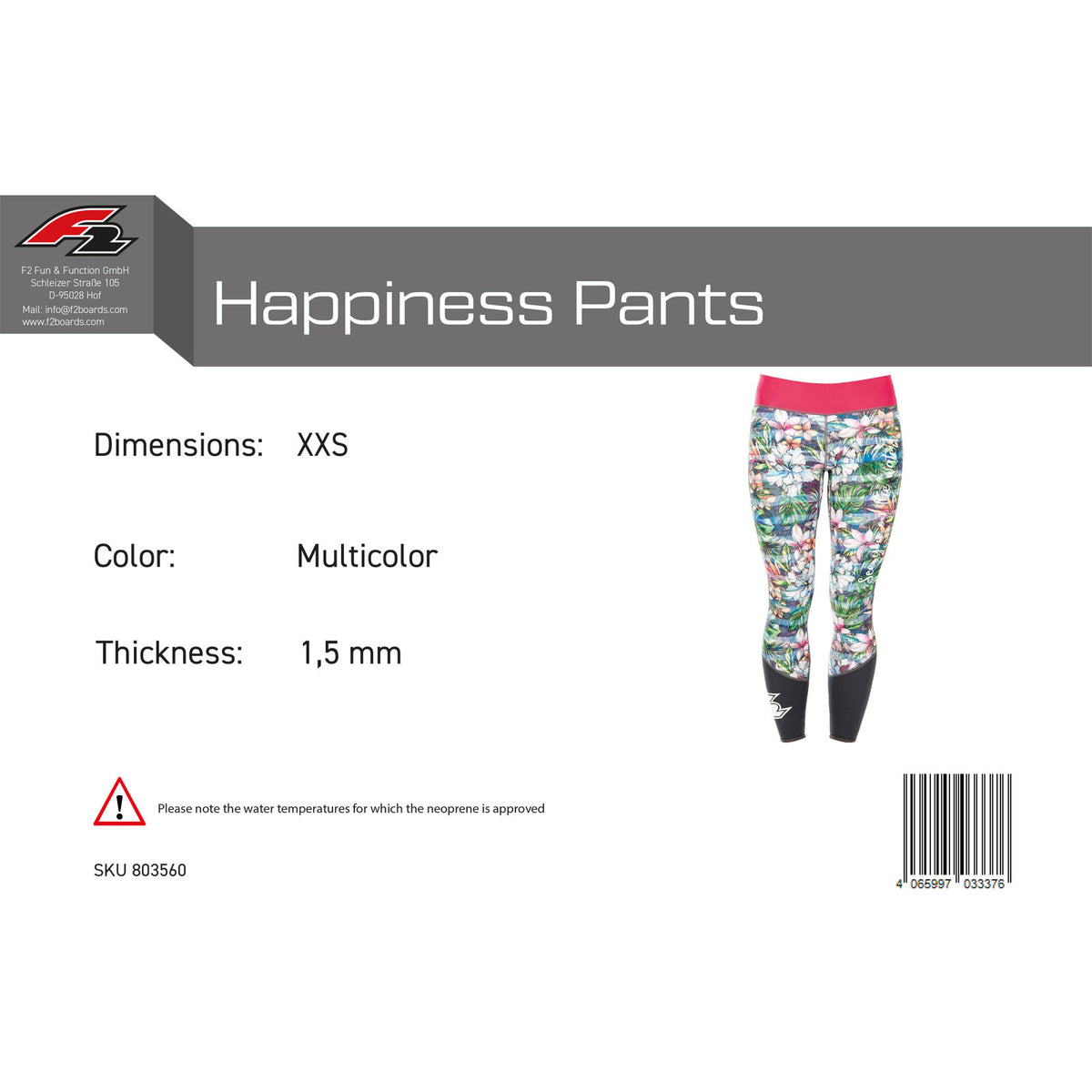 F2 Damen Neopren Hose Happiness Pants 1,5 mm Größe wählbar Multicolor