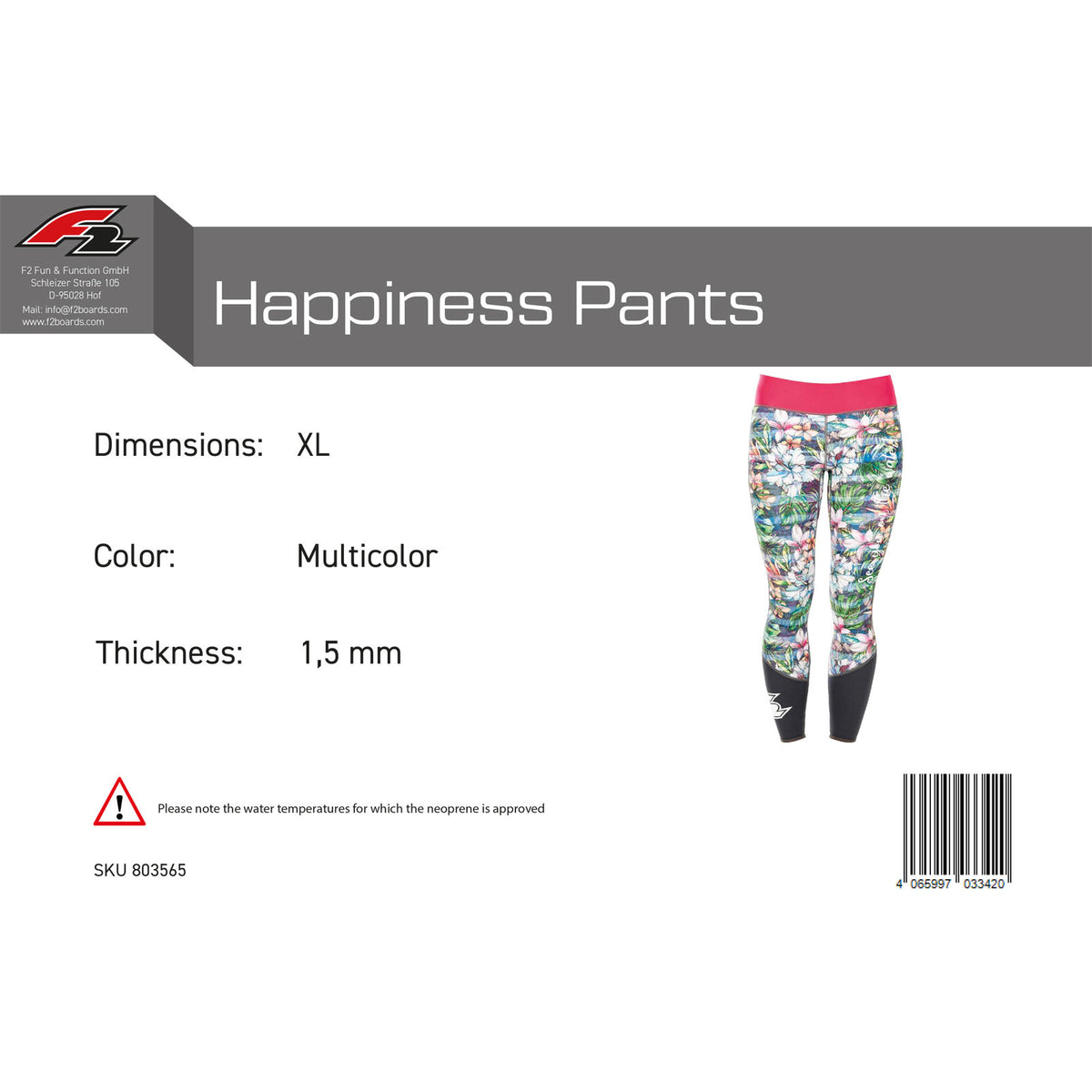 F2 Damen Neopren Hose Happiness Pants 1,5 mm Größe wählbar Multicolor