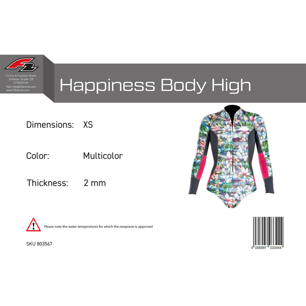 F2 Damen Neopren Anzug Happiness Body High 2 mm Größe wählbar Multicolor