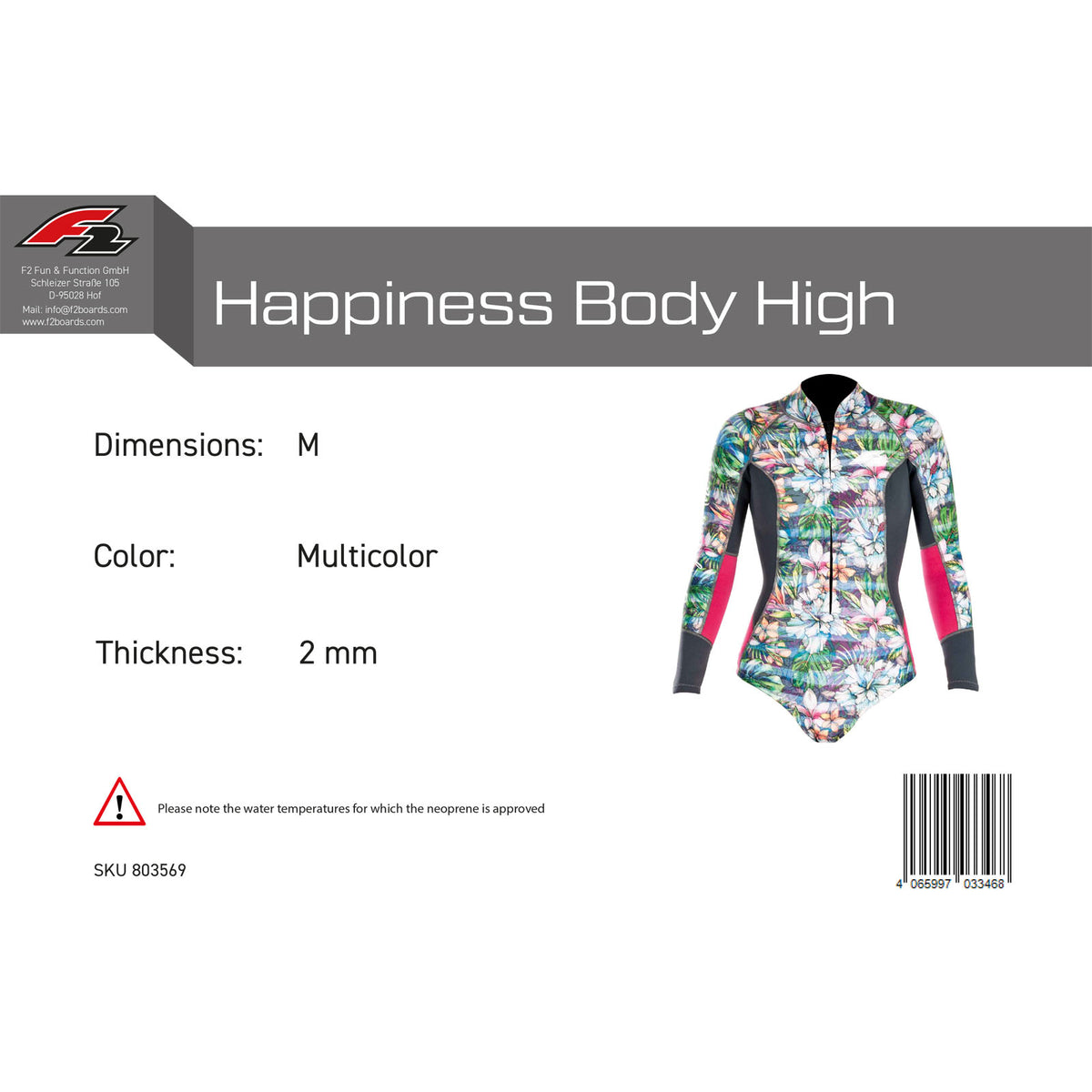 F2 Damen Neopren Anzug Happiness Body High 2 mm Größe wählbar Multicolor