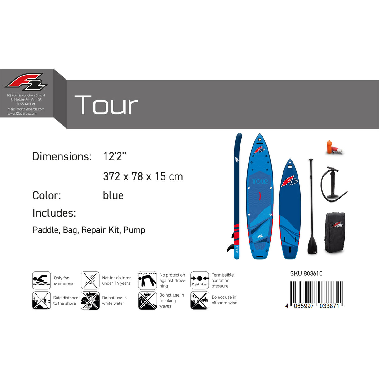 F2  SUP Stand Up Paddle Board Tour 11'5''/12'2"/13'2" wählbar Blau