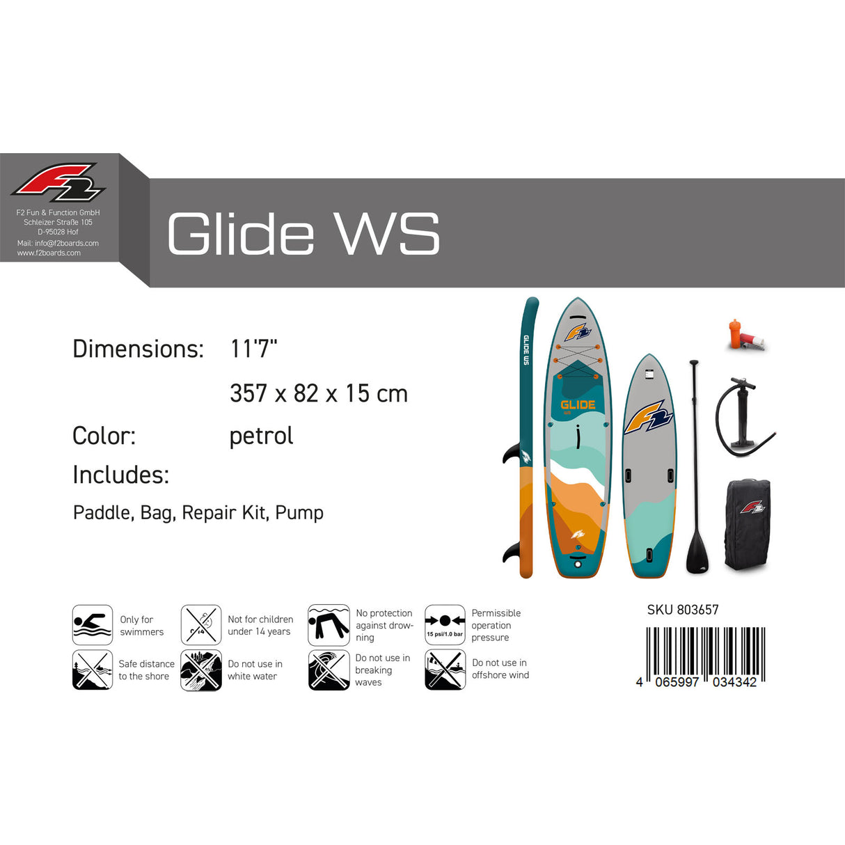 F2  SUP Stand Up Paddle Board Glide WS 10'2''/10'8"/11'7" wählbar Petrol