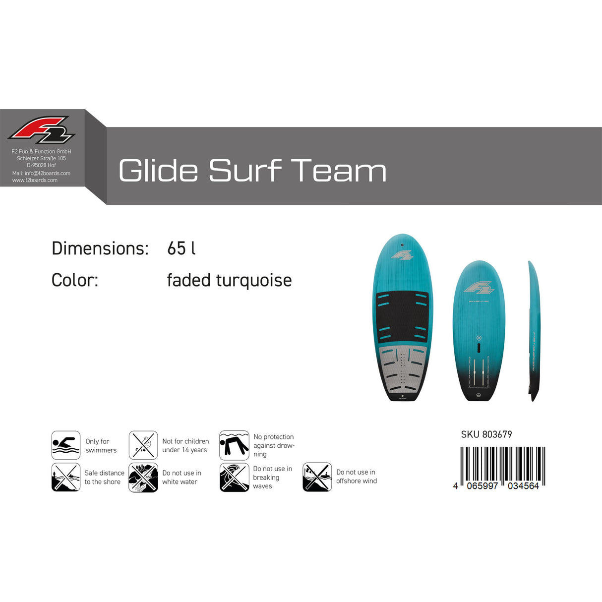 F2 Foil Board Glide Surf Team 35-95L Größe wählbar Türkis