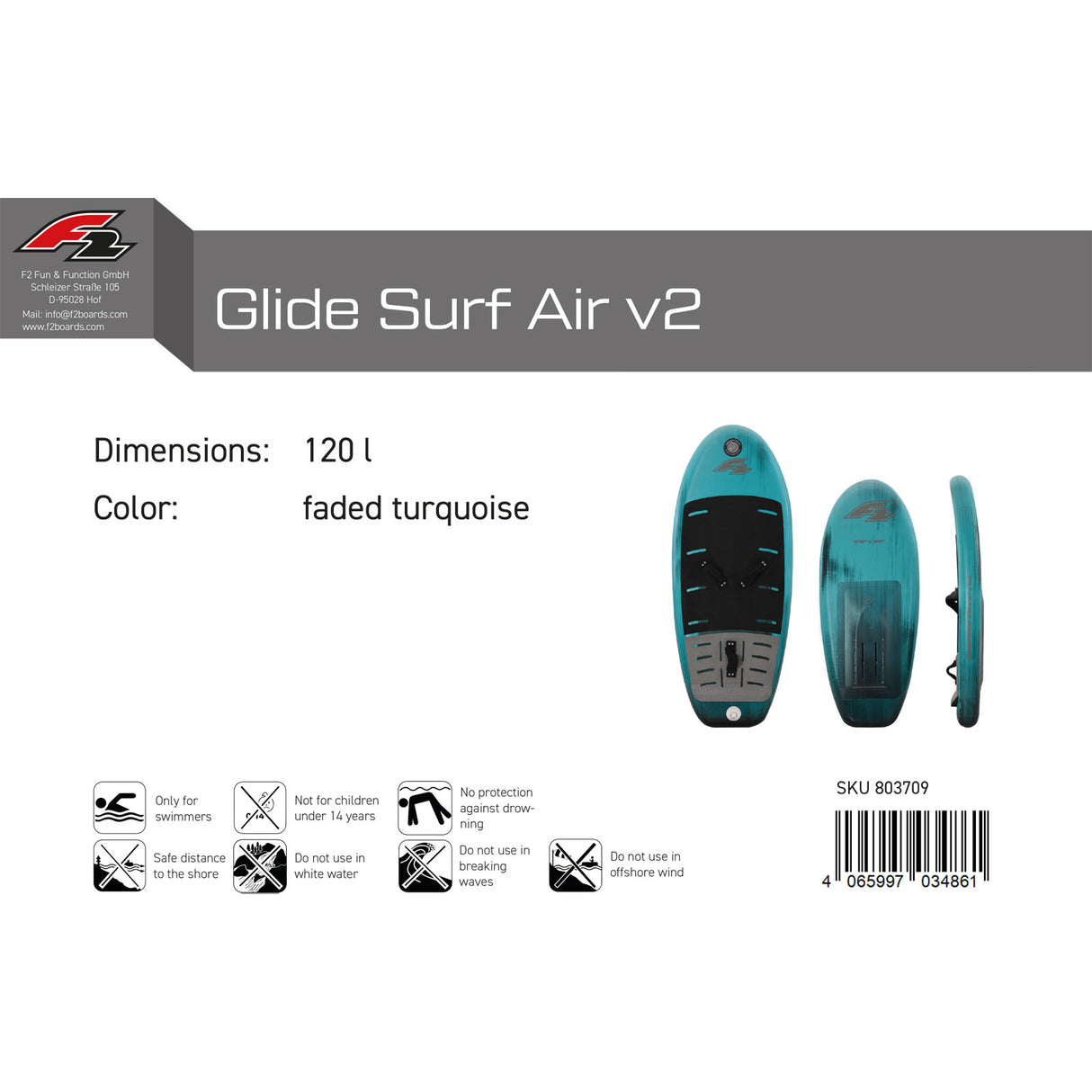 F2 Foil Board Glide Surf Air  120-160L Größe wählbar Türkis