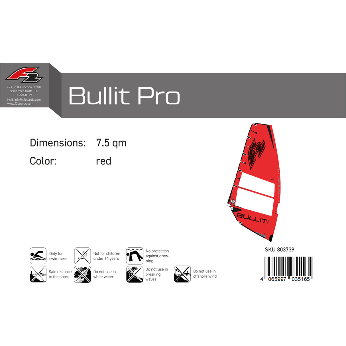 F2 Windsurf Segel Bullit Pro 6-8qm Größe wählbar Rot