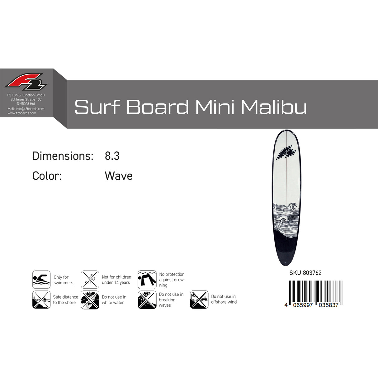 F2   Wellenreiter Surf Board Mini Malibu  8,3 Wave