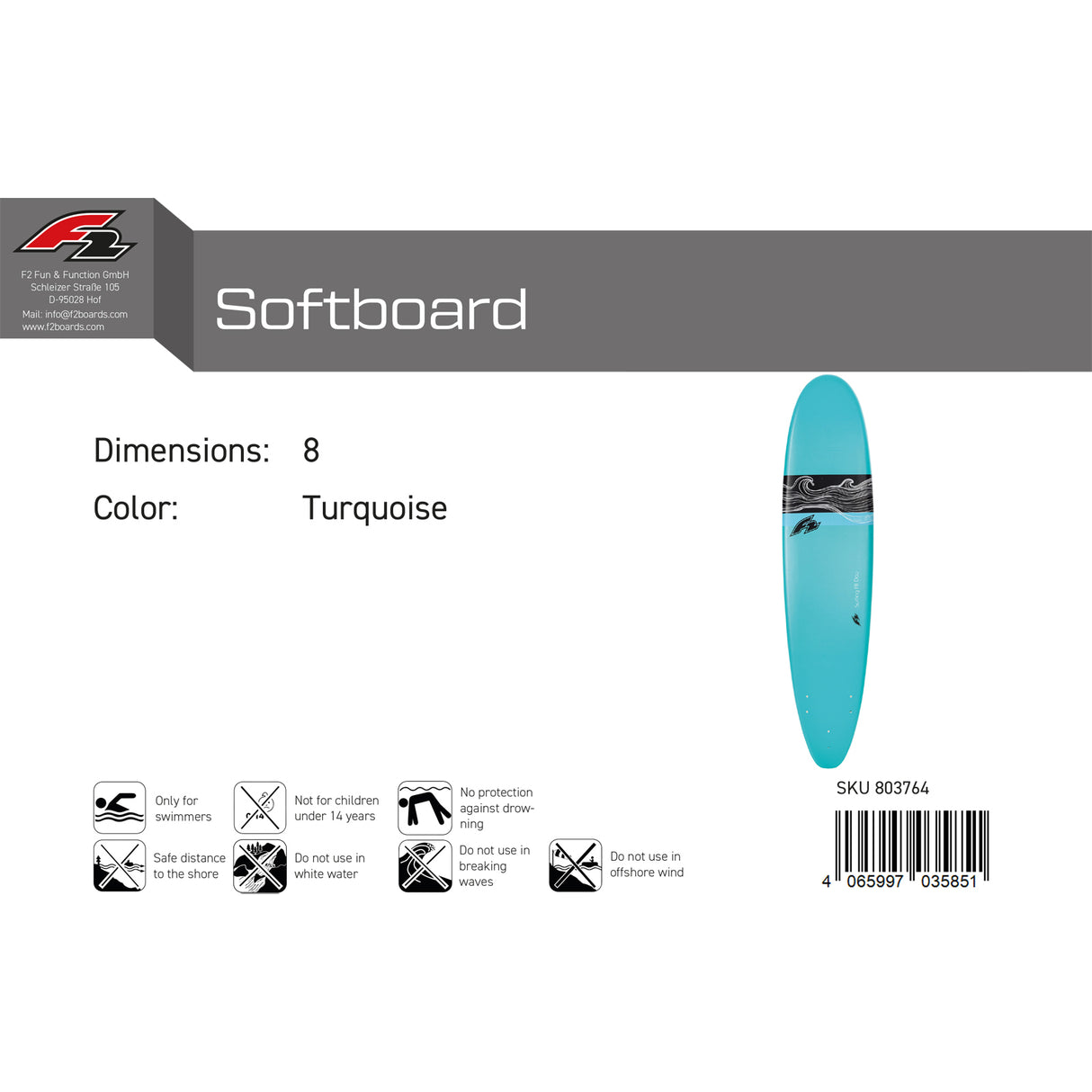F2 Wellenreiter Softboard 6'6"/8'0" wählbar Türkis