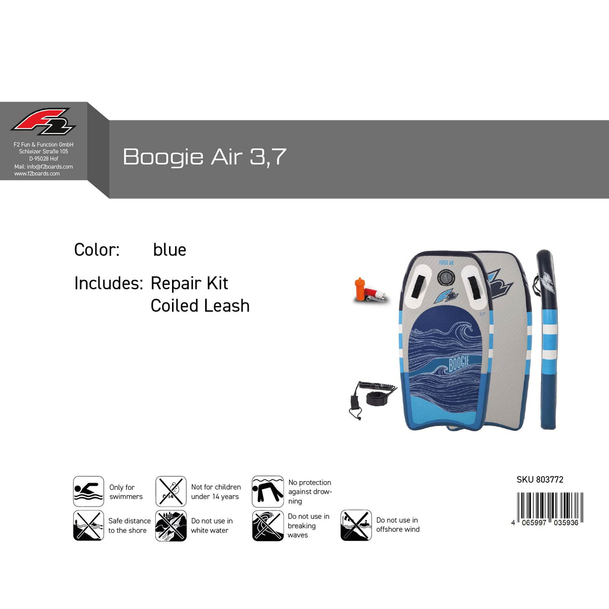 F2  Inflatable Body Board Boogie Board Air mit Leash 3,7 Blau