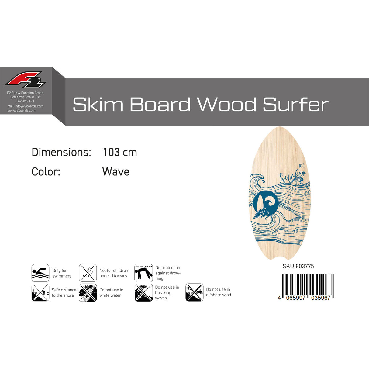 F2 Skimboard Skim Board Wood Surfer Modell wählbar (103cm Blau - 90cm Rot)