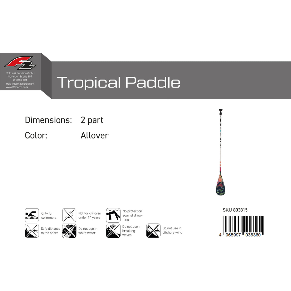 F2   SUP Paddel Tropical Paddle 3 teilig Multicolor