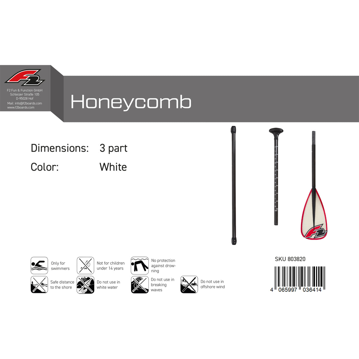 F2   SUP Paddel Honeycomb  3 teilig Weiss