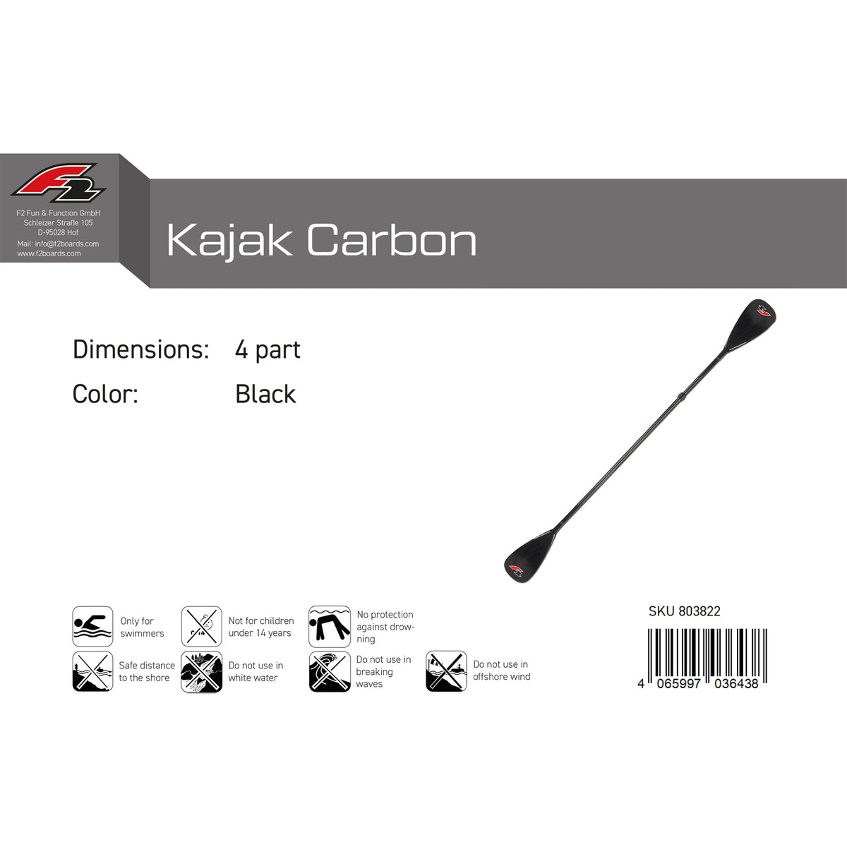 F2   SUP Paddel Kajak Carbon  4 teilig Schwarz